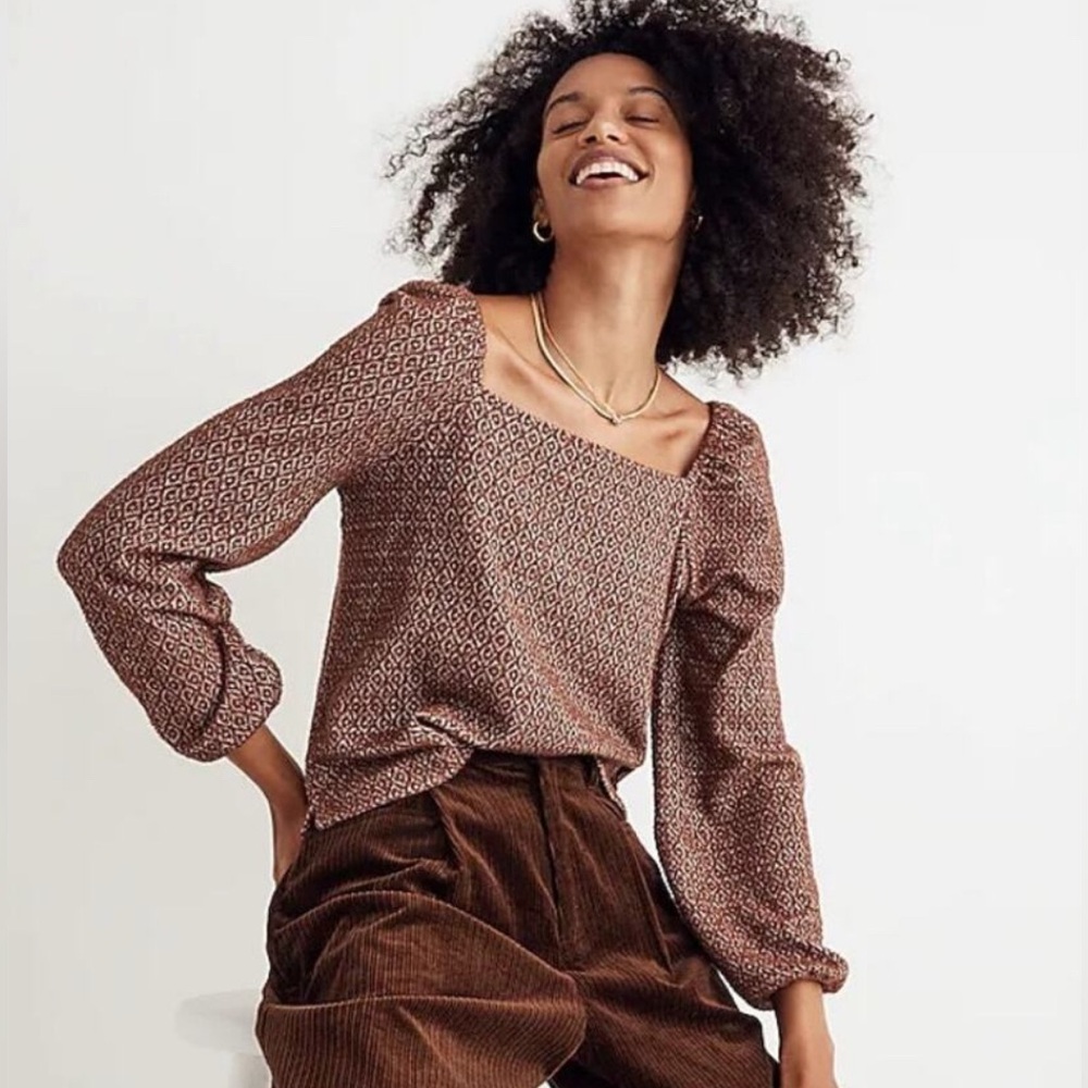 Madewell Jacquard Puff-Sleeve Square Neck Textured Top XS